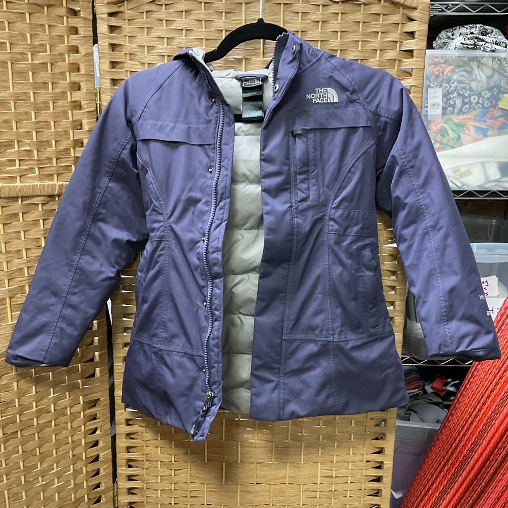 The North Face Purple Hooded Kids Puffer Jacket with Light Gray Lining
